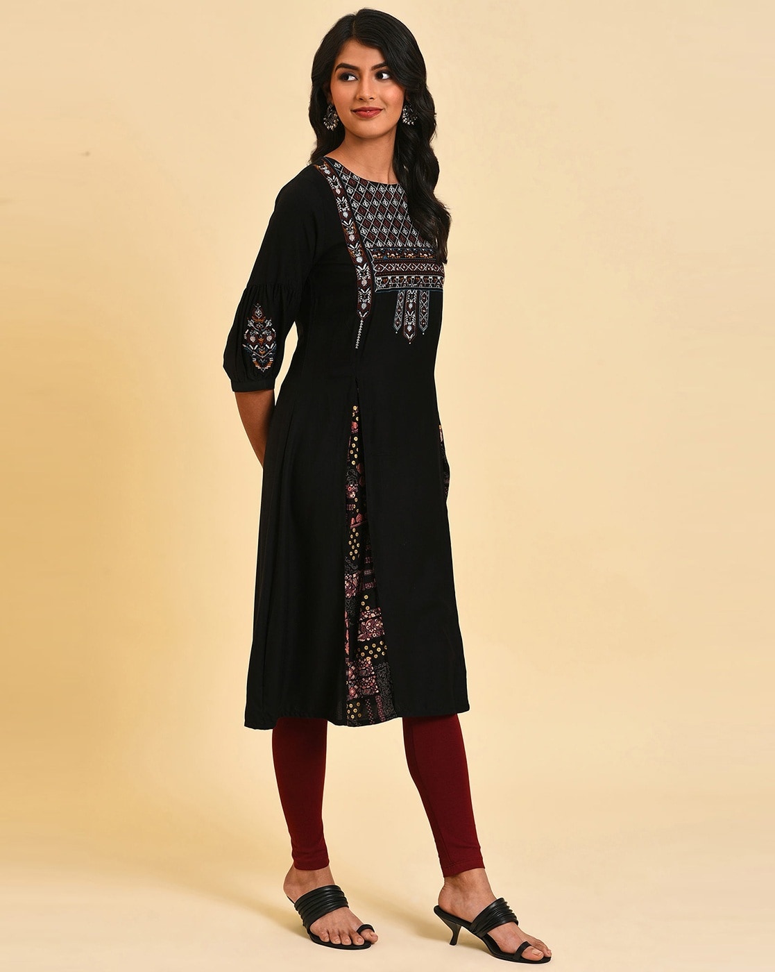 BUY ONLINE PARTY WEAR BLACK LONG GOWN TYPE KURTI WITH FOIL PRINT AND MIRROR  HAND WORK FROM FASHION BAZAR
