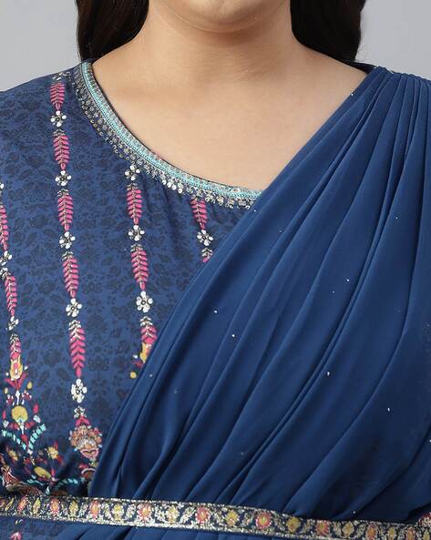 Navy Blue Boho Style Flared Dress made from an Indian Saree - Mogra Designs