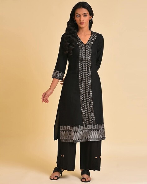 W Placement Print Straight Kurta