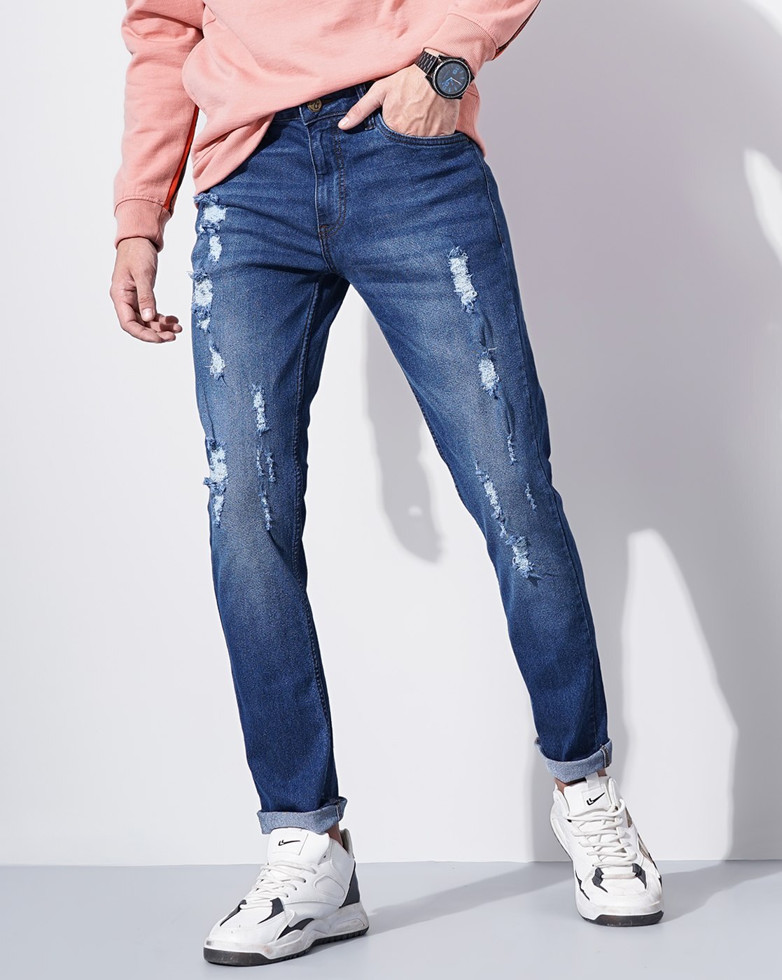 Chic Skinny Ripped Jeans Men's Casual Street Style - Temu