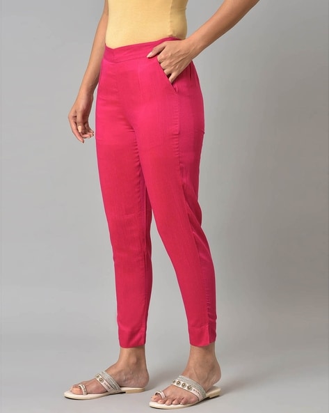 Buy Pink Solid Trousers Online - Aurelia