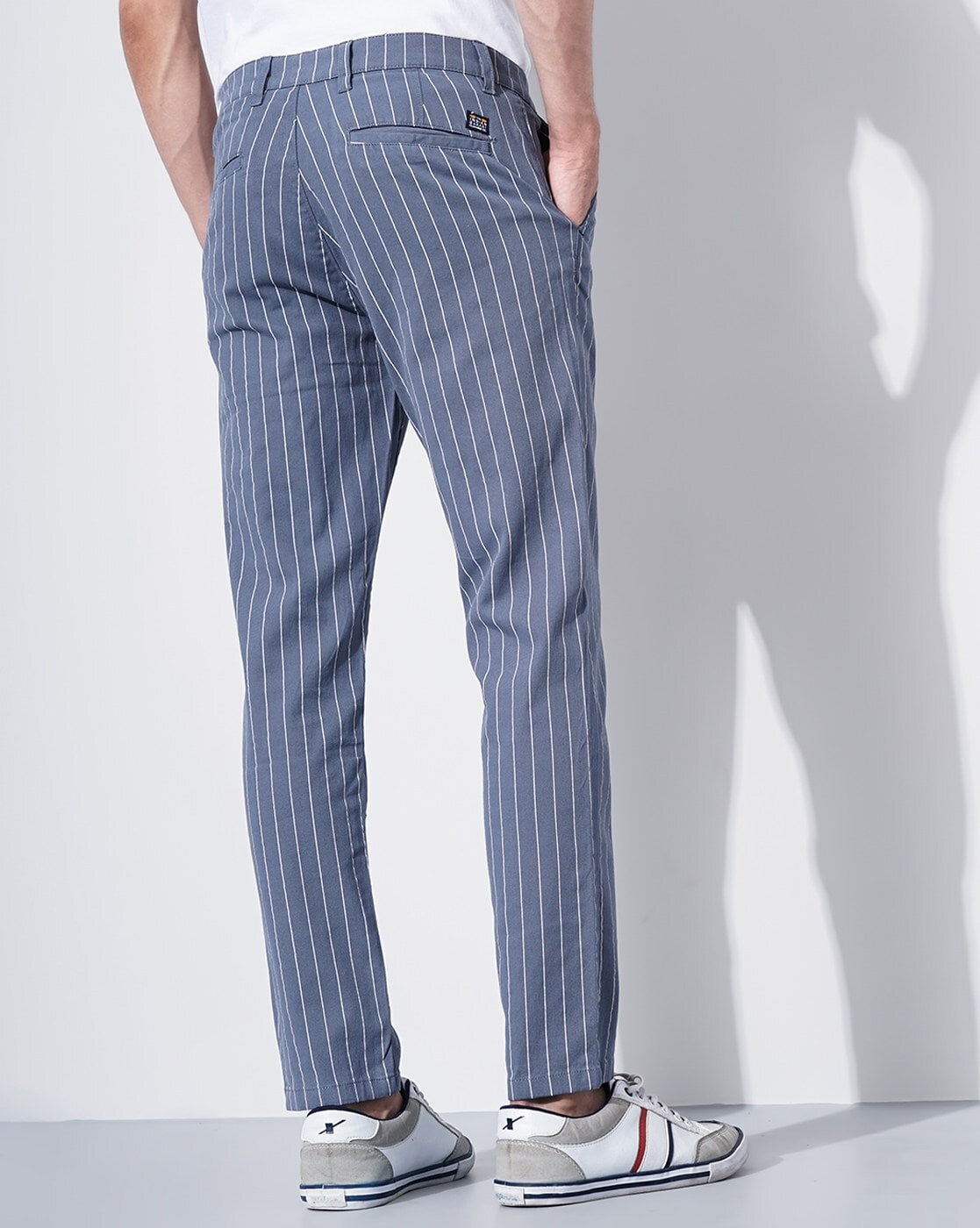 Light blue striped cotton seersucker sport trousers – Rota SRL
