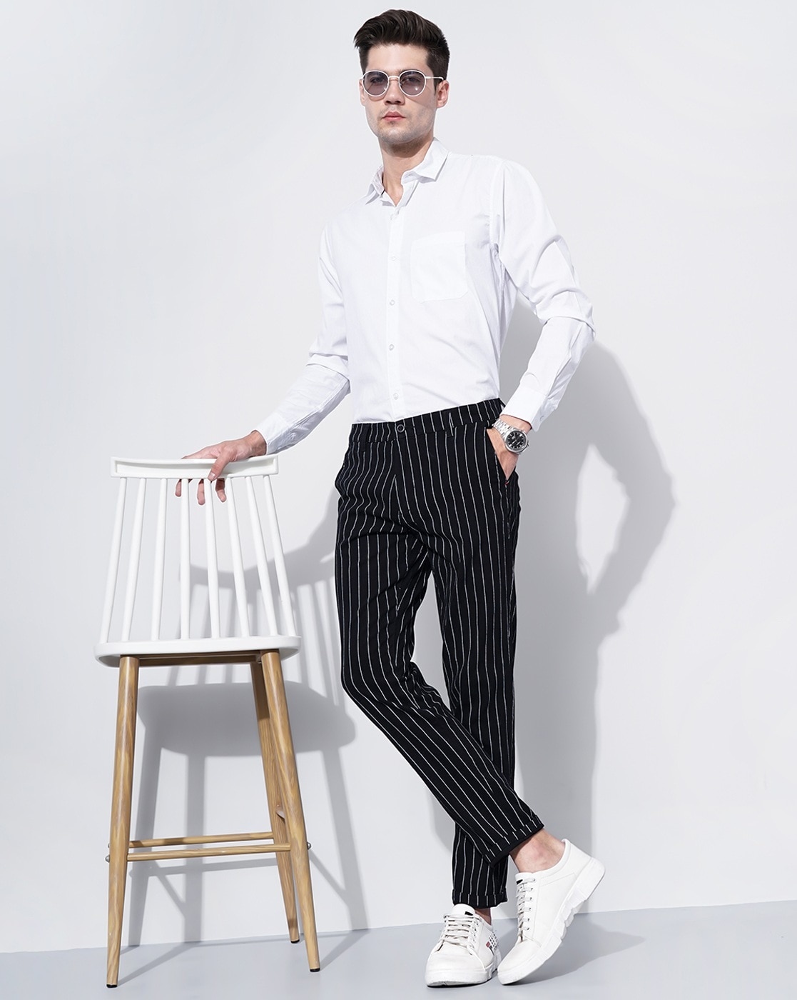 New Men's Vertical Stripe Slacks Striped Business Party Casual Lace Up  Pants Slim Stretch Pants For Men