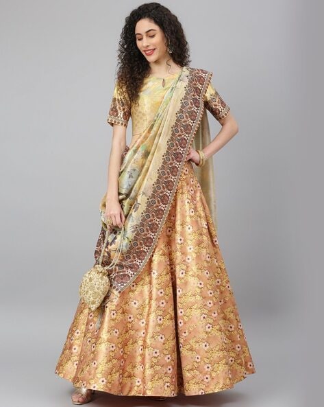 Buy Janasya Pink Poly Silk Gold Print Lehenga Choli With Dupatta online