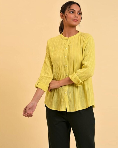 W Striped Mandarin-Collar Top