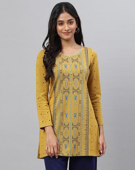 Get Roll Up Sleeve Detail Yellow Mirror Embellished Collar Kurti at  1445   LBB Shop