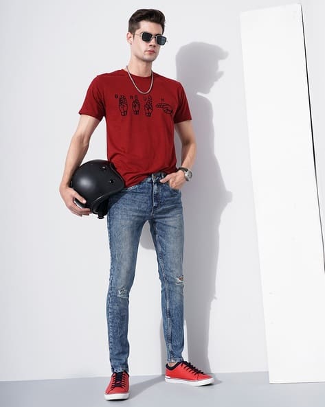 Ripped Jeans Red T Shirt With Light Blue Jeans Nudie Jeans Nudie