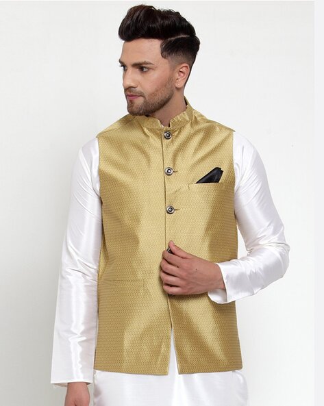 Festive Wear Golden Cream Thread Embroidered Nehru Jacket Set