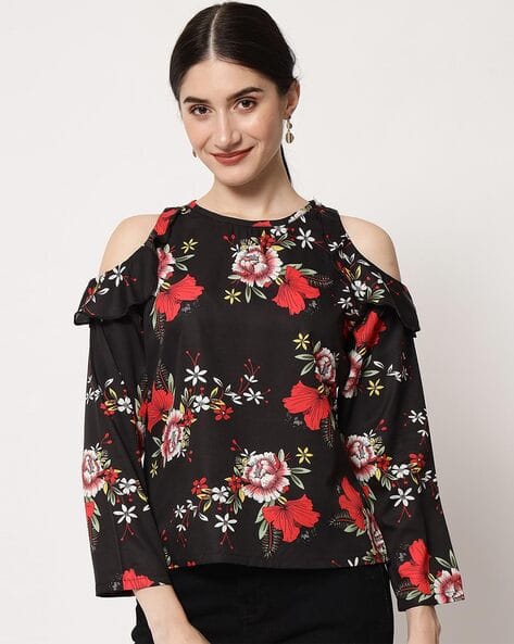 KOTTY Floral Print Top with Cold-Shoulder Sleeves