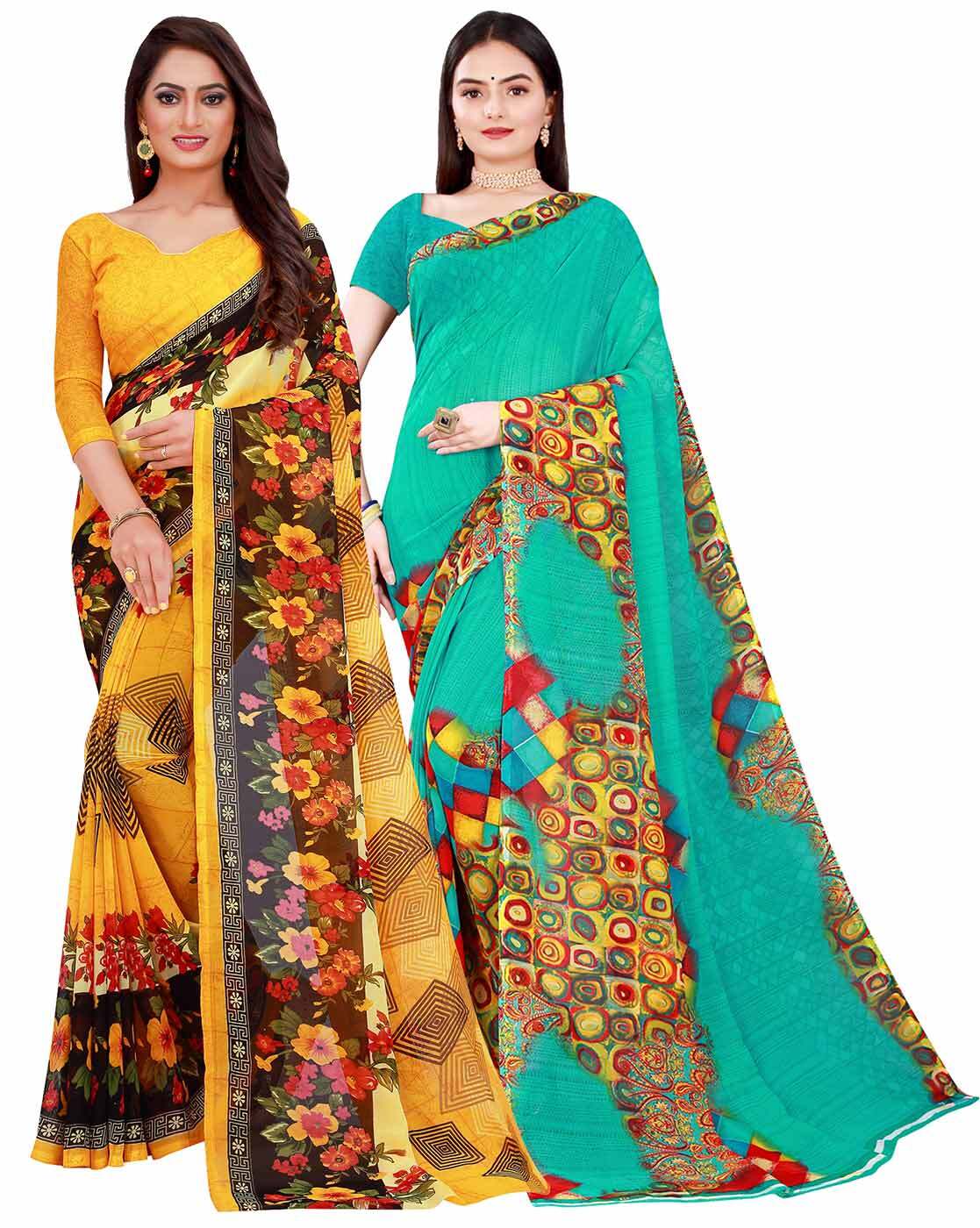 Buy kashvi sarees Floral Print Daily Wear Georgette Green, Black, Yellow  Sarees Online @ Best Price In India | Flipkart.com