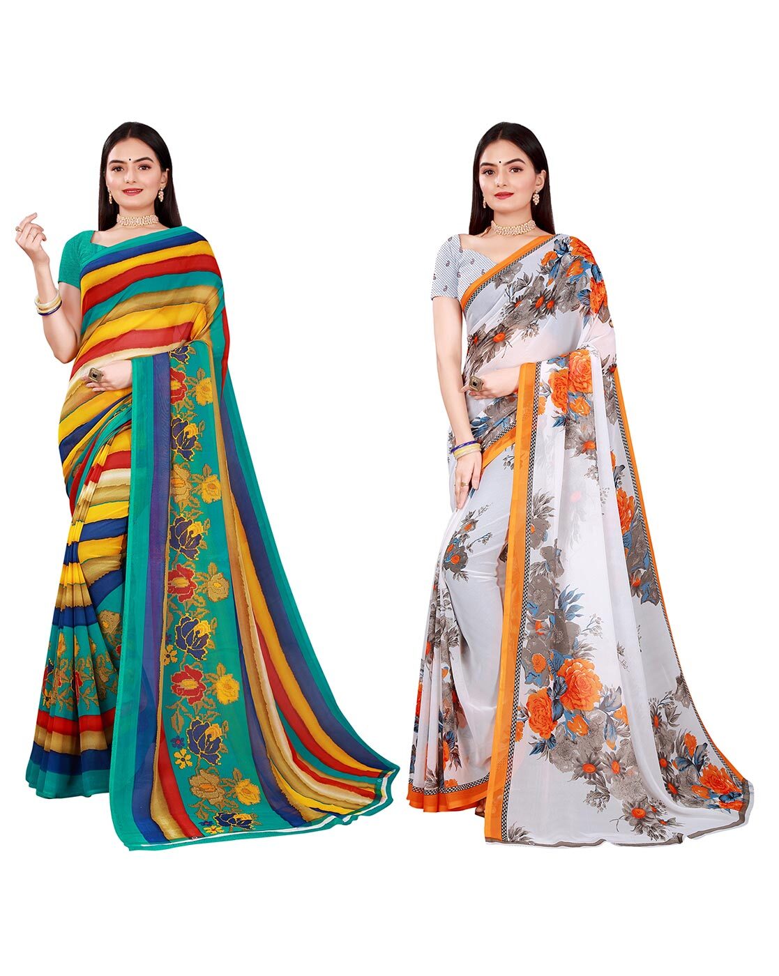 Buy kashvi sarees Printed Daily Wear Georgette Blue, Beige Sarees Online @  Best Price In India | Flipkart.com