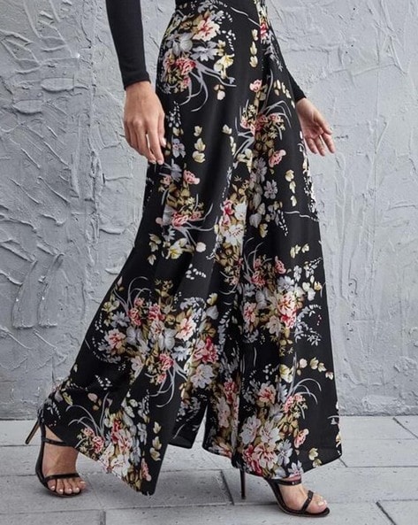 Floral Print Velvet Wide Leg Pants Black - Southern Fashion