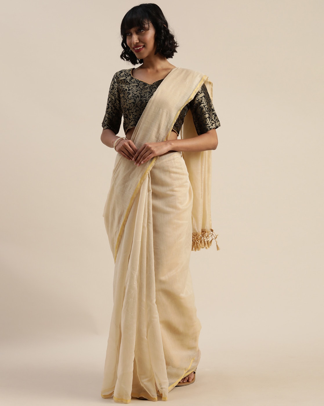 Beige South Indian Saree in Cotton and silk with Weaving - SR20192