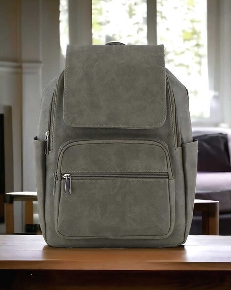 Greenish grey multi-pocket backpack