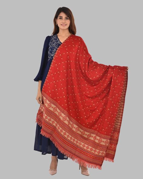 Women Geometric Woven Shawl with Fringed Hem Price in India