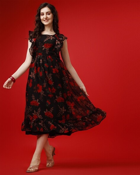 Black Floral Dress with Hem Details – Shape of Me by Rustorange