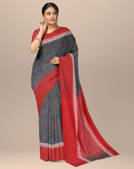 Women's Traditional Pure Cotton Bengali Handloom Tant Saree(Without Blouse  Piece)- Red, Tant Cotton Saree, तांत साड़ी - Bongfooodie, Hyderabad | ID:  2851299860873