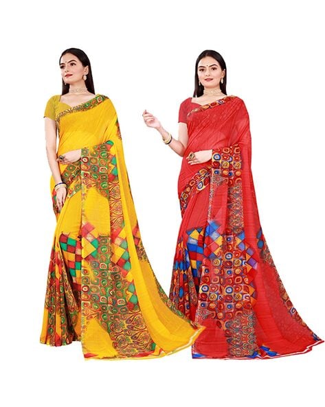 Buy Stunning Printed Georgette Saree (Pack of 2) (KDB-2217853)