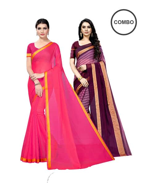 Pack of Striped Cotton Silk Sarees - Main Image