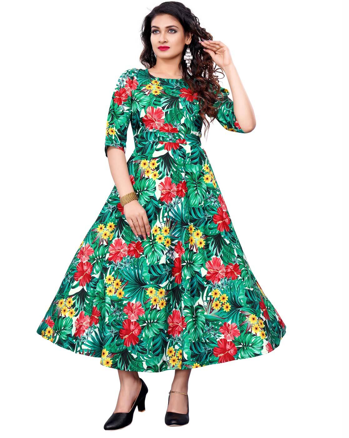 FABRIC BY GEORGETTE LONG SLEEVE ROUND NECK LONG WEAR PRINTED FORMAL STYLISH  PARTY WEAR GOWN DRESS WOMEN