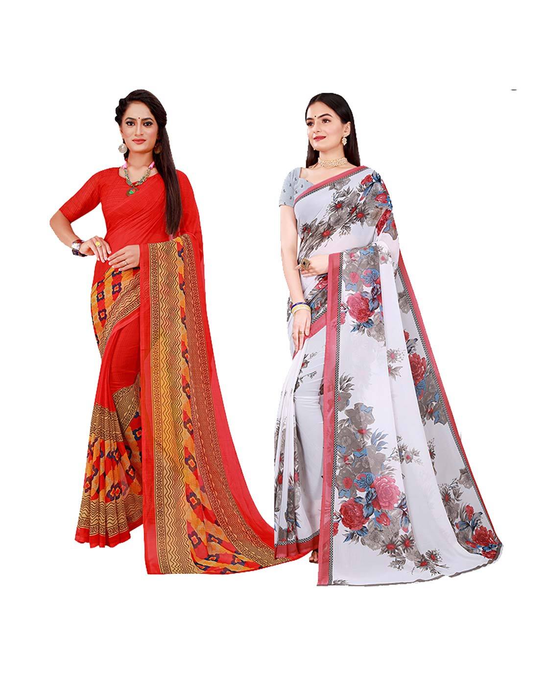 Buy Siril Printed, Geometric Print, Embellished, Floral Print Bandhani  Georgette, Chiffon Red Sarees Online @ Best Price In India | Flipkart.com