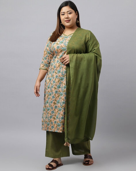 Floral Print V-Neck Straight Kurta Suit Set Price in India