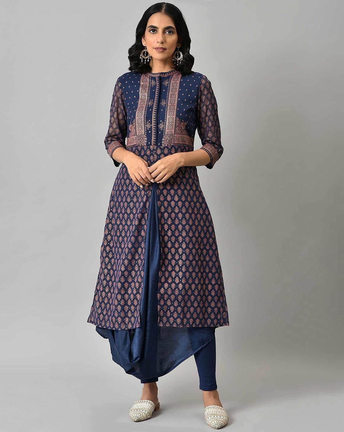 Floral Printed Chanderi Silk Angrakha Style Kurta in Dark Blue : TZQ709