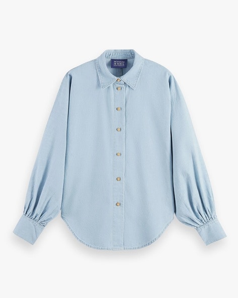 Women's Sky Blue V-Shape Stitching Puff Sleeve Denim Shirt Casual  Shirtcolla Solid Long Sleeve Blouse Tops at  Women's Clothing store