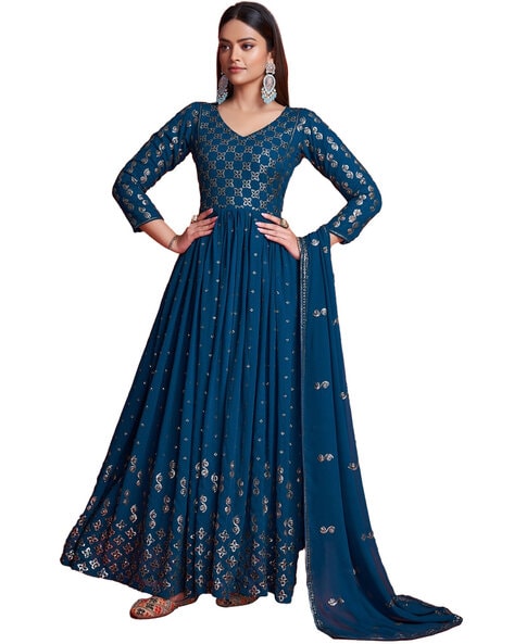 Embroidery Semi-stitched Anarkali Dress Material Price in India