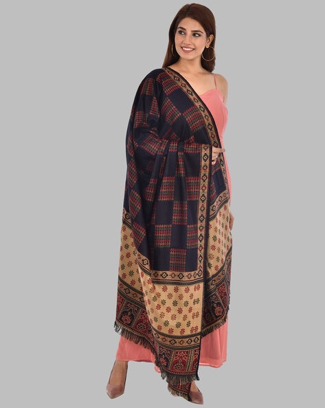 Women Floral Woven Shawl with Fringed Hem Price in India