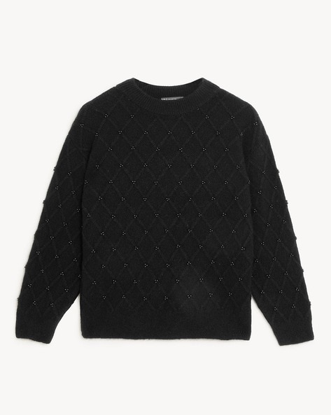 Women's Black Embellished Crew-neck Sweater, Black and White Plaid