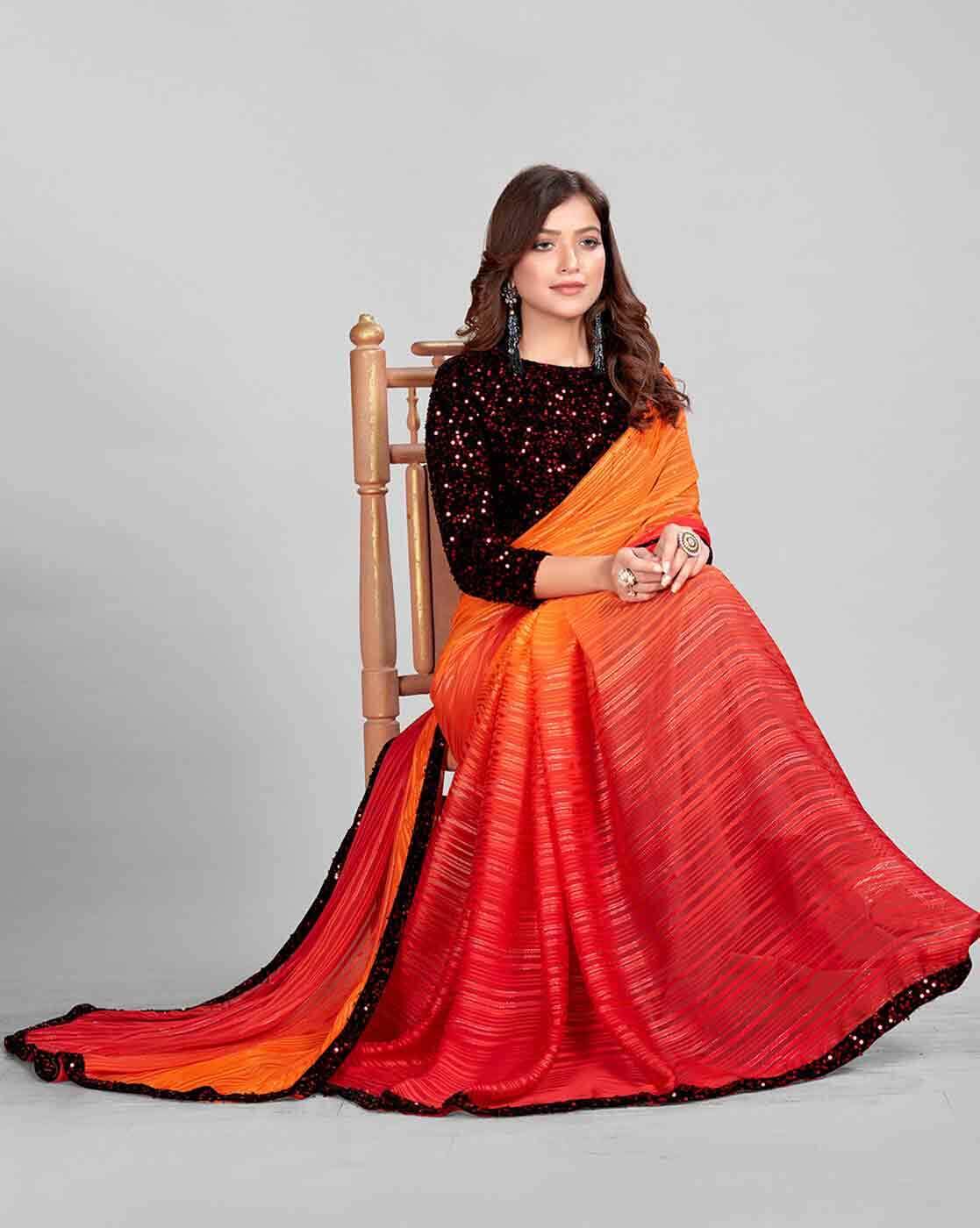 Black with orange half and half pure kanchivaram silk saree with orange  zari rich pallu and orange plan blouse… | Elegant saree, Saree designs,  Indian fashion saree