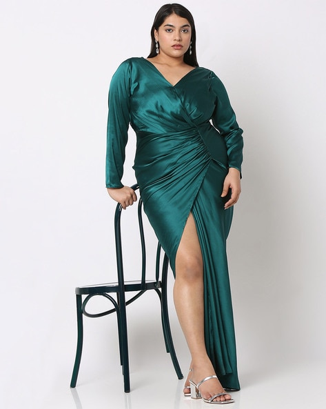 Satin wrap dress - Dark green/Patterned - Ladies | H&M IN