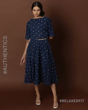 Indigo Handblock Cotton Boat Neck Crop Top with Skirt Co-ord Set-image-41
