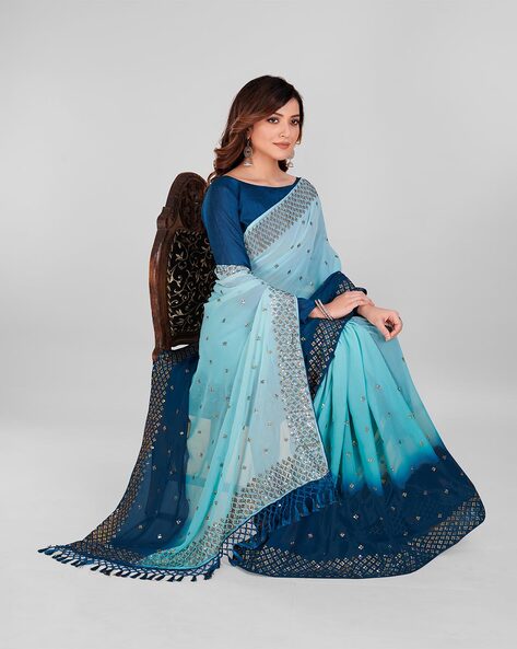 Buy Sky Blue Colour Satin Georgette Saree with Ombre Print