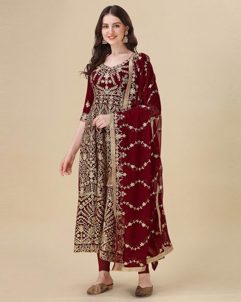 fcity.in - Trending Rayon Floral Printed Embroidered Maroon Anarkali Gown  Style