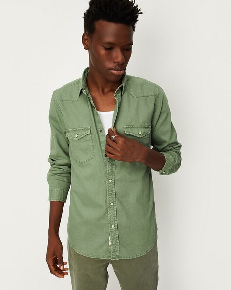 Men Dark Green Denim Brass Button Down Overshirt Wholesale Manufacturer &  Exporters Textile & Fashion Leather Clothing Goods with we have provide  customization Brand your own