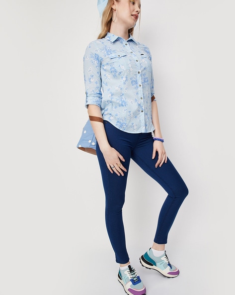 Shop Floral Print Jeggings with Elasticised Waistband Online