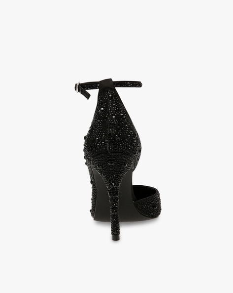 Glamorous Black Ankle Strap Sandals For Women, Glitter Rhinestone Decor  Chunky Heeled Sandals | SHEIN USA