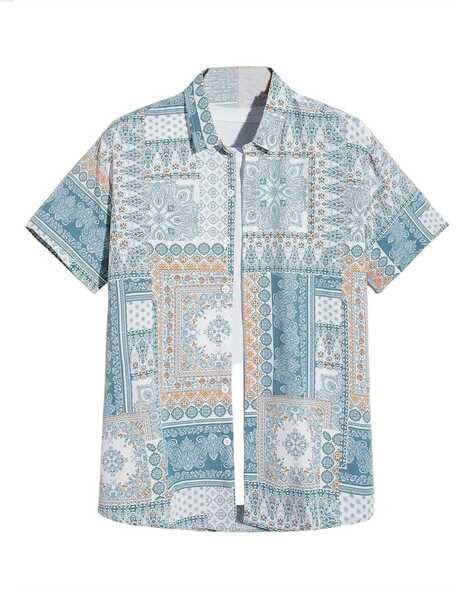 Clothzy Printed Shirt with Short Sleeves For Men (Blue, XXL)