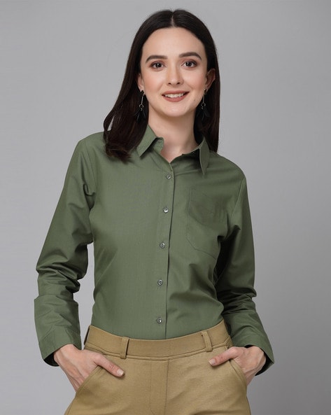 Olive green solid online shirt