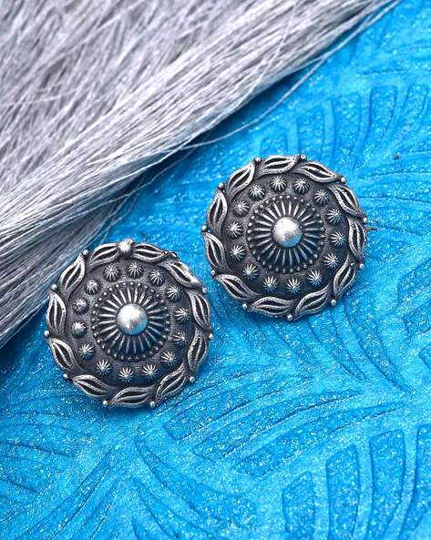 Ethnic Oxidised Hook Earrings Featuring Round White Pearl Droplets - Pure  Pearls