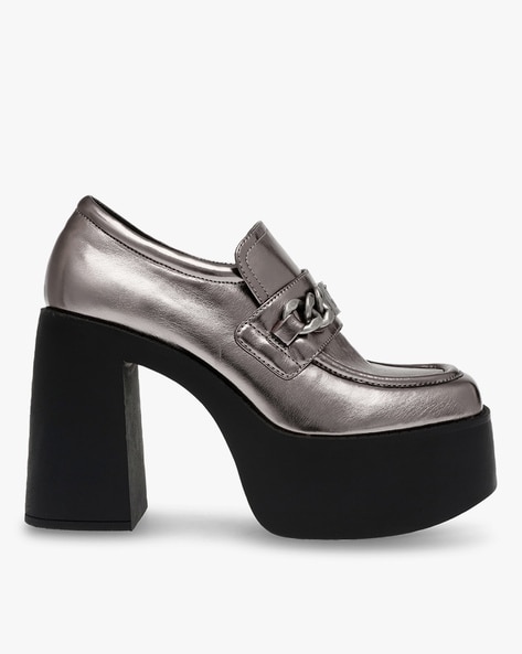 Black Platform Chunky Heeled Loafers | TJ COLLECTION