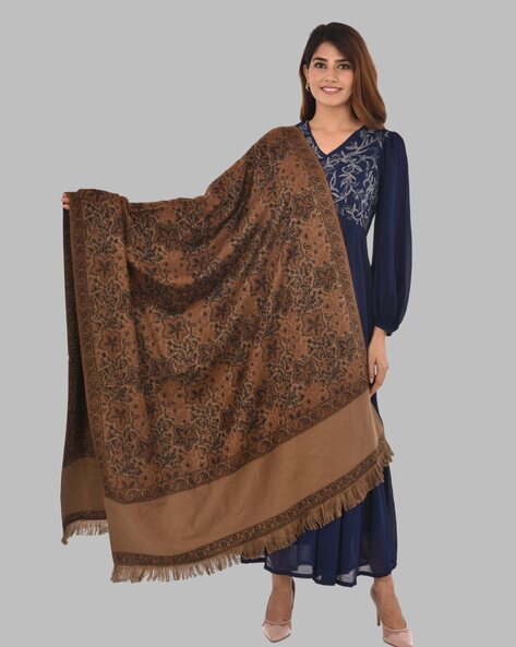 Women Floral Woven Shawl with Fringed Hem Price in India