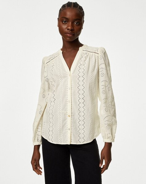 Buy Marks & Spencer White Pure Cotton Embroidered Long Sleeve Blouse online