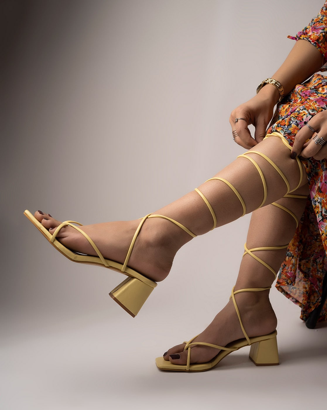Yellow Faux Leather Strappy Sandals - Women, Sandals, Women, Heeled Shoes,  Women, Petite Sizes, Women, Large Sizes, OUTLET, Sandals, OUTLET, Woman,  OUTLET, Heeled Shoes