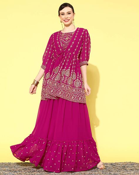 Lehenga Choli : Maroon soft mono net indowestern partywear ...