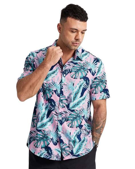 Clothzy Printed Shirt with Short Sleeves For Men (Blue, XXL)