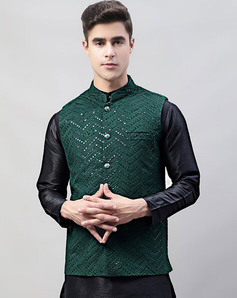 Buy Pine Green Nehru Jacket And Kurta Set In Tussar Silk With Resham And  Mirror Abla Embroidered Geometric Design KALKI Fashion India
