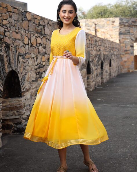Buy Indian Virasat Happy Yellow Embroidered Dress online